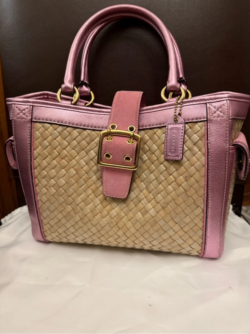 Vintage Coach Summer Satchel w/ Pink Metallic Leather, Suede & Gold Hardware